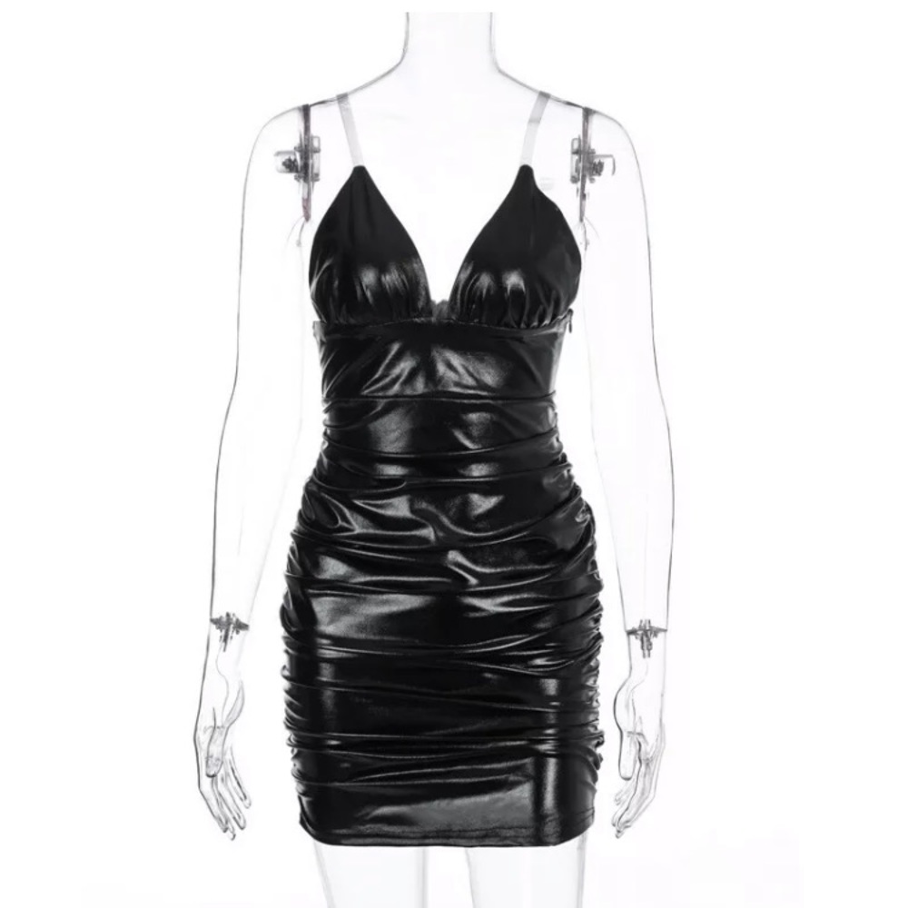 SOLD Black Sexy Pleather mini Dress - Picture 2 of 2